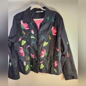 Bleu Bayou 100% Cotton Vtg Floral Embroidered Black Jacket Sz L